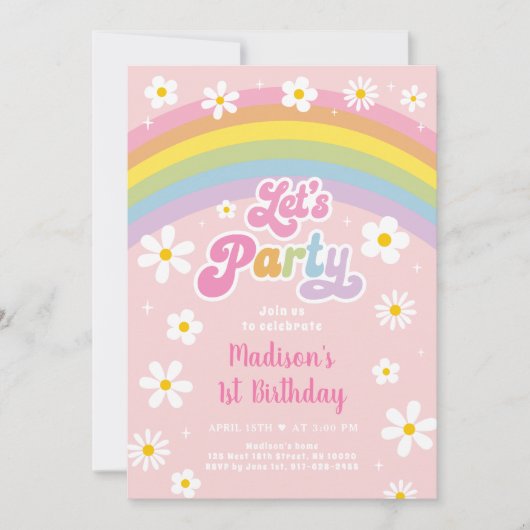 Invitation Faisons la fête Retro Daisy Rainbow Anniversaire (Devant)