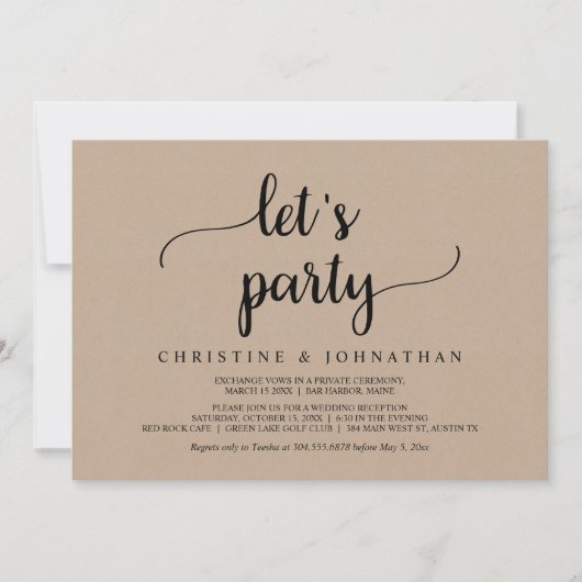 Invitation Faisons la fête, Rustic Brown Kraft Mariage Elopem (Devant)