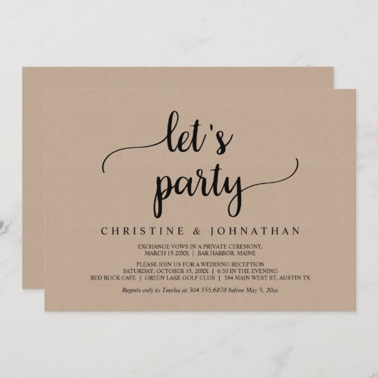 Invitation Faisons la fête, Rustic Brown Kraft Mariage Elopem (Devant / Derrière)