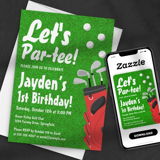 Invitation Faisons la fête - Thème de golf - Herbe - 1er anni