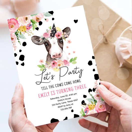 Invitation Faisons la fête Vache Florale Fille Animaux de fer