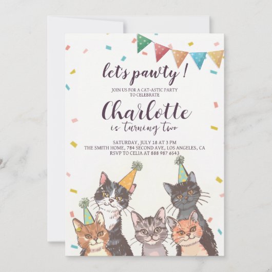 Invitation Faisons pawty Fête de Chat (Devant)