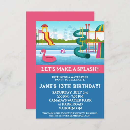 Invitation Faisons un splash ! Parc aquatique fête d'annivers (Devant / Derrière)