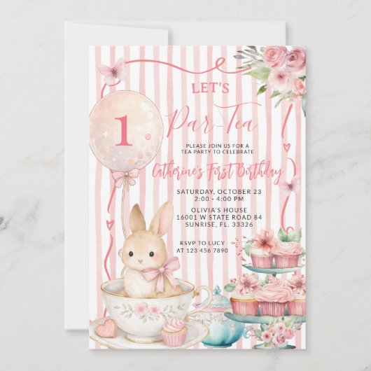 Invitation Faisons une fête de thé Lapin rayé rose Anniversai (Devant)