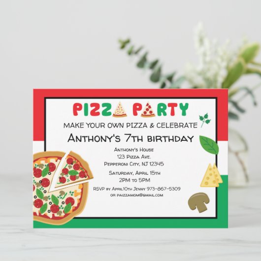 Invitation Faites votre propre fête d'anniversaire de pizza (Debout devant)