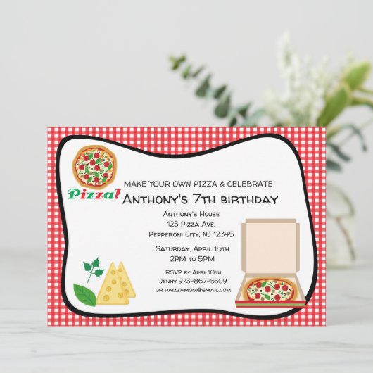 Invitation Faites votre propre fête d'anniversaire de pizza (Debout devant)