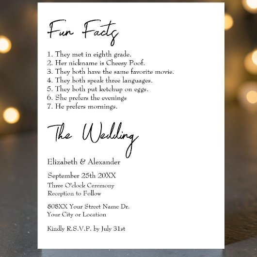 Invitation Faits amusants sur la mariée et la chambre Mariage