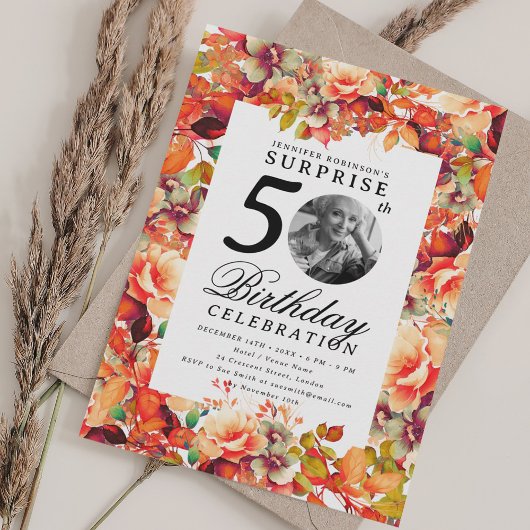 Invitation Fall Autumn Floral Photo SURPRISE 50th Birthday 