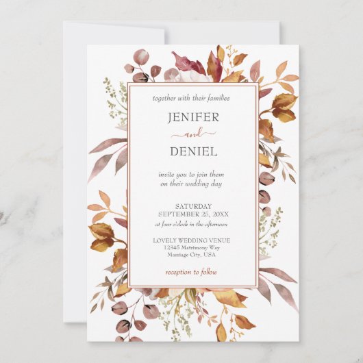 Invitation Fall Autumn Leaves Rustic Country Boho Wedding (Devant)