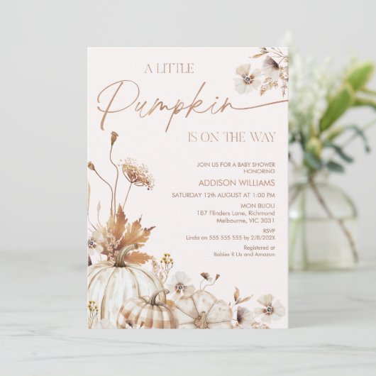 Invitation Fall Beige Brown Floral Little Pumpkin Baby Shower (Debout devant)