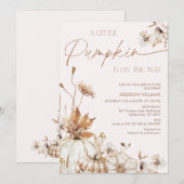 Invitation Fall Beige Brown Floral Little Pumpkin Baby Shower (Devant / Derrière)