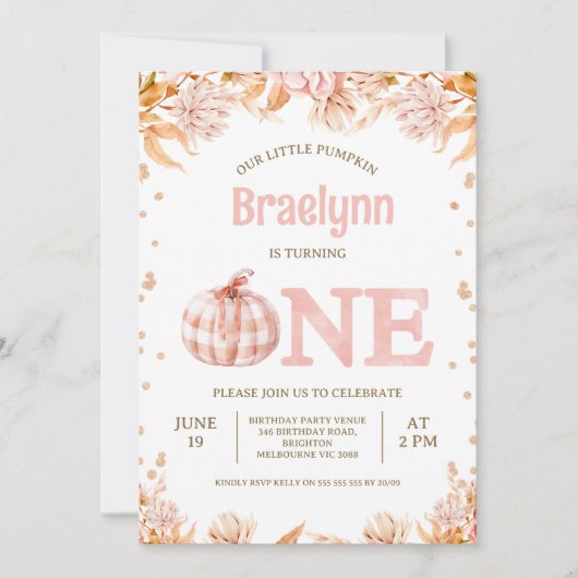 Invitation Fall Blush Floral Rustic Pumpkin 1st Birthday  (Devant)