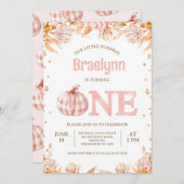 Invitation Fall Blush Floral Rustic Pumpkin 1st Birthday  (Devant / Derrière)