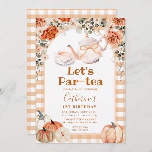 Invitation Fall Boho Citrouille Par tea Anniversaire En vichy (Devant / Derrière)