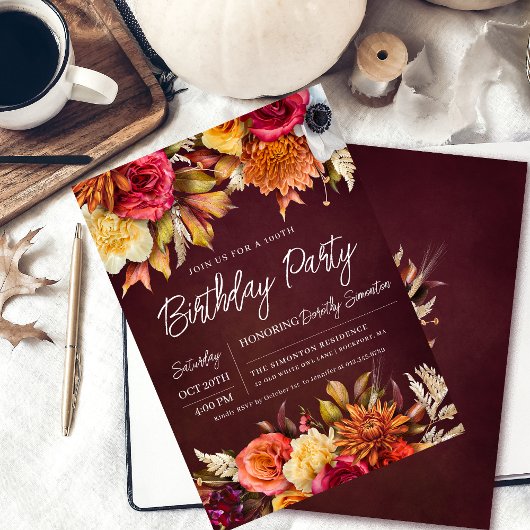 Invitation Fall Burgundy Flowers Chic Script 100e anniversair
