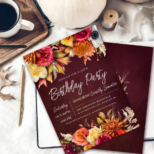 Invitation Fall Burgundy Flowers Chic Script 50e anniversaire