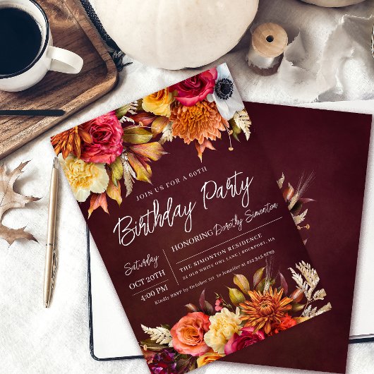 Invitation Fall Burgundy Flowers Chic Script 60e anniversaire