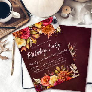 Invitation Fall Burgundy Flowers Chic Script 80e anniversaire