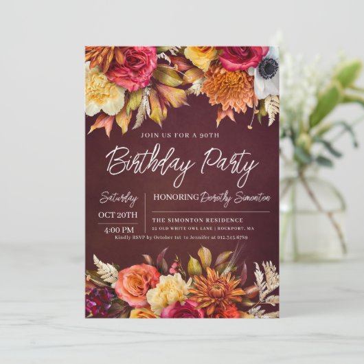 Invitation Fall Burgundy Flowers Chic Script 90e anniversaire (Debout devant)