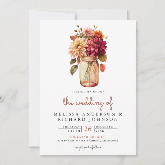 Invitation Fall Dahlia Floral Mason Jar QR Code Mariage (Devant)