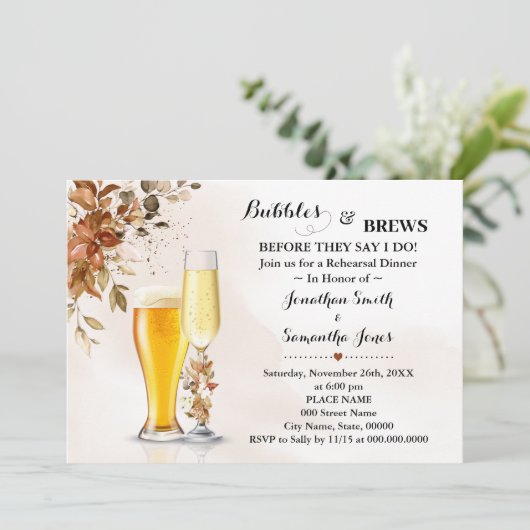 Invitation Fall Eucalyptus Bubbles & Brews Rehearsal Dinner (Debout devant)