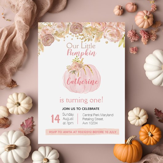 Invitation Fall Girl Gold Citrouille 1er anniversaire