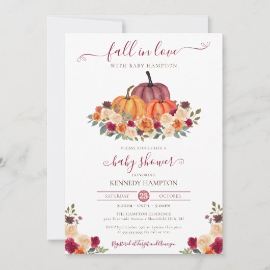 Invitation Fall in Love - Automne Floral - Baby shower Citrou (Devant)