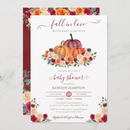 Invitation Fall in Love - Automne Floral - Baby shower Citrou (Devant / Derrière)