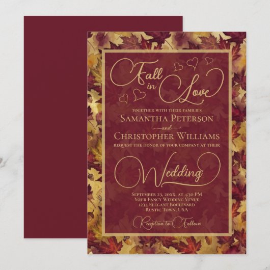 Invitation Fall in Love Burgundy & Gold Autumn Leaves Wedding (Devant / Derrière)