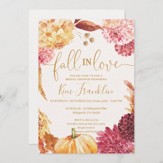 Invitation Fall in Love Floral and Gold Bridal Shower Invitat (Devant / Derrière)