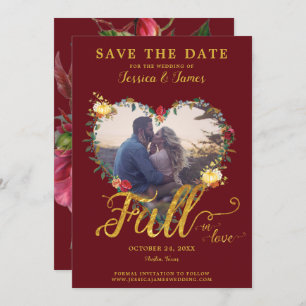 Invitation Fall in Love Gold Burgundy Floral Save the Date