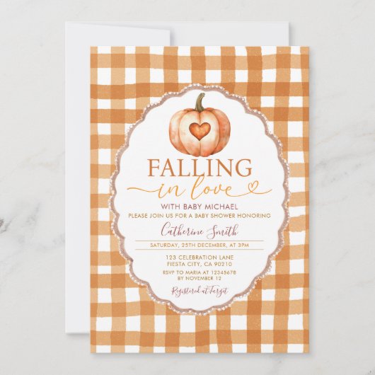 Invitation Fall in love Heart Pumpkin Baby shower Gingham (Devant)