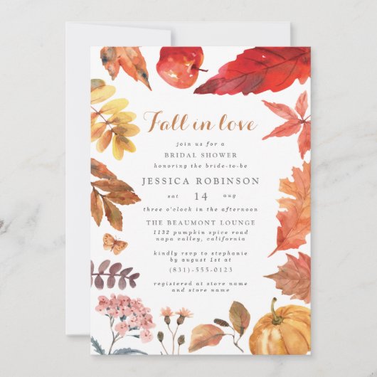 Invitation Fall In Love Orange Feuilles & Citrouilles Fête de (Devant)