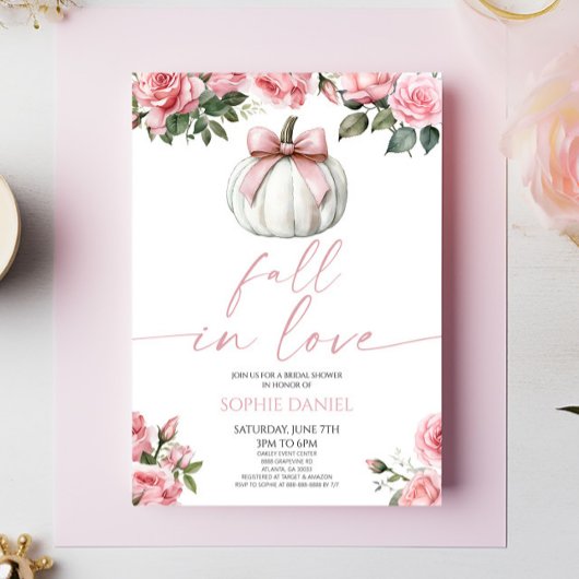 Invitation Fall In Love Pink Bow Pumpkin Floral Bridal Shower