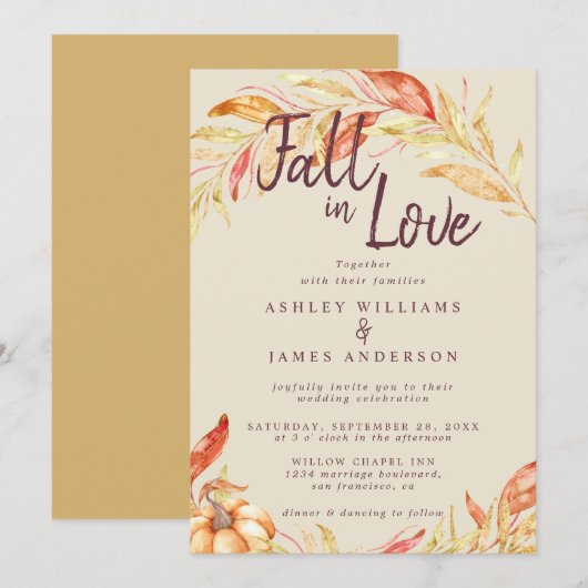 Invitation Fall Love Golden Foliage Antique Jaune Mariage (Devant / Derrière)