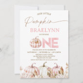 Invitation Fall Pink Girls Plaid Pumpkin First Birthday (Devant)