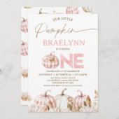 Invitation Fall Pink Girls Plaid Pumpkin First Birthday (Devant / Derrière)