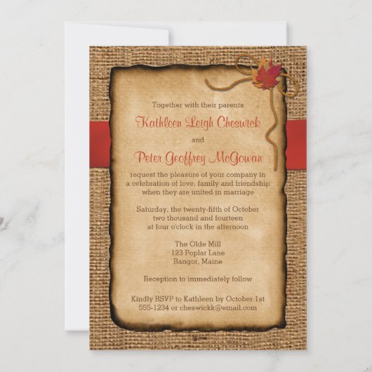 Invitation Fall quitte FAUX Burlap, Wedding Invite - Orange (Dos)