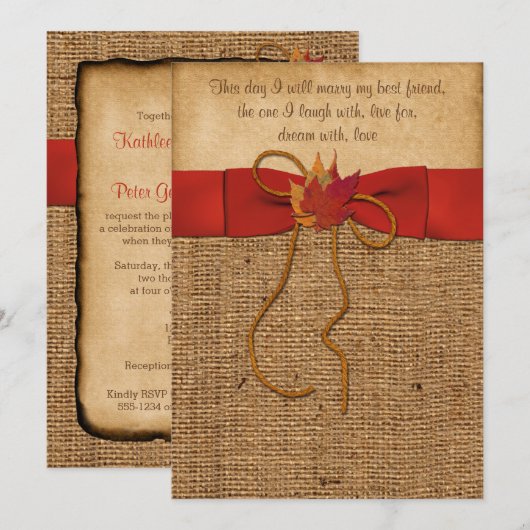 Invitation Fall quitte FAUX Burlap, Wedding Invite - Orange (Devant / Derrière)