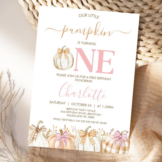 Invitation Fall Rose Girls Plaid Little Citrouille 1er annive