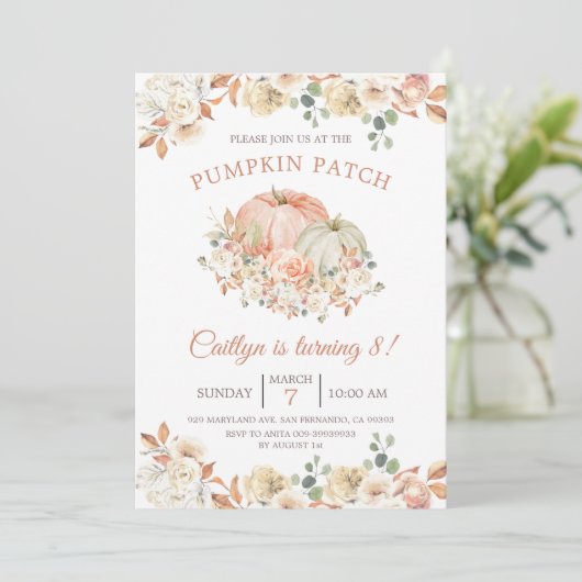 Invitation Fall Rustic Citrouille Patch 8e anniversaire (Debout devant)