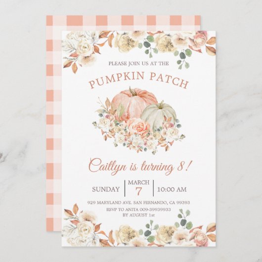 Invitation Fall Rustic Citrouille Patch 8e anniversaire (Devant / Derrière)