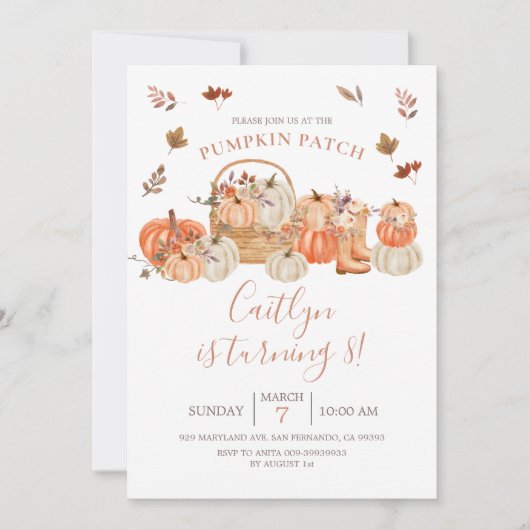 Invitation Fall Rustic Citrouille Patch 8e fête d'anniversair (Devant)
