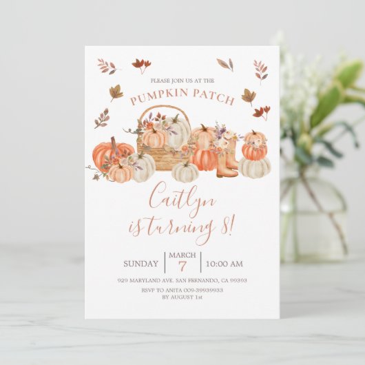 Invitation Fall Rustic Citrouille Patch 8e fête d'anniversair (Debout devant)