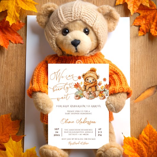 Invitation Fall Teddy Bear On Peut Bearly Wait Baby shower