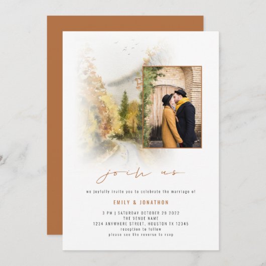 Invitation Fall Trees Photo QR Rejoignez-nous Mariage en terr (Devant / Derrière)