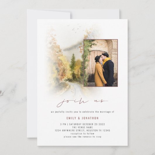 Invitation Fall Trees Photo QR Rejoignez-nous Mauve Mariage (Devant)