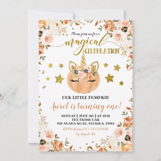 Invitation Fall Unicorn Citrouille Girl Anniversaire Invitati (Devant)