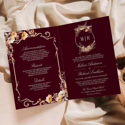 Invitation Fall Wildflower Crest Burgundy QR Code Wedding