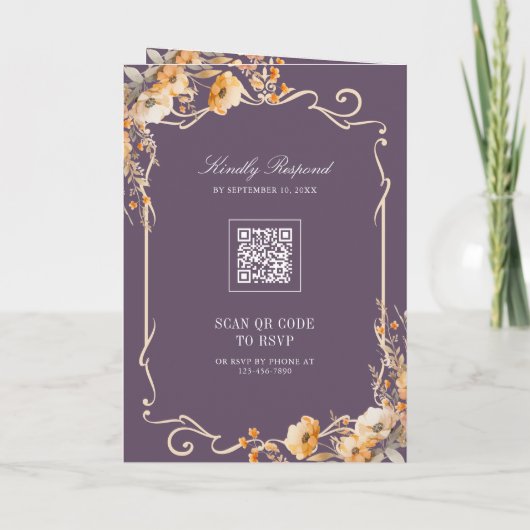 Invitation Fall Wildflower Crest Dusty Purple QR Code Wedding (Dos)